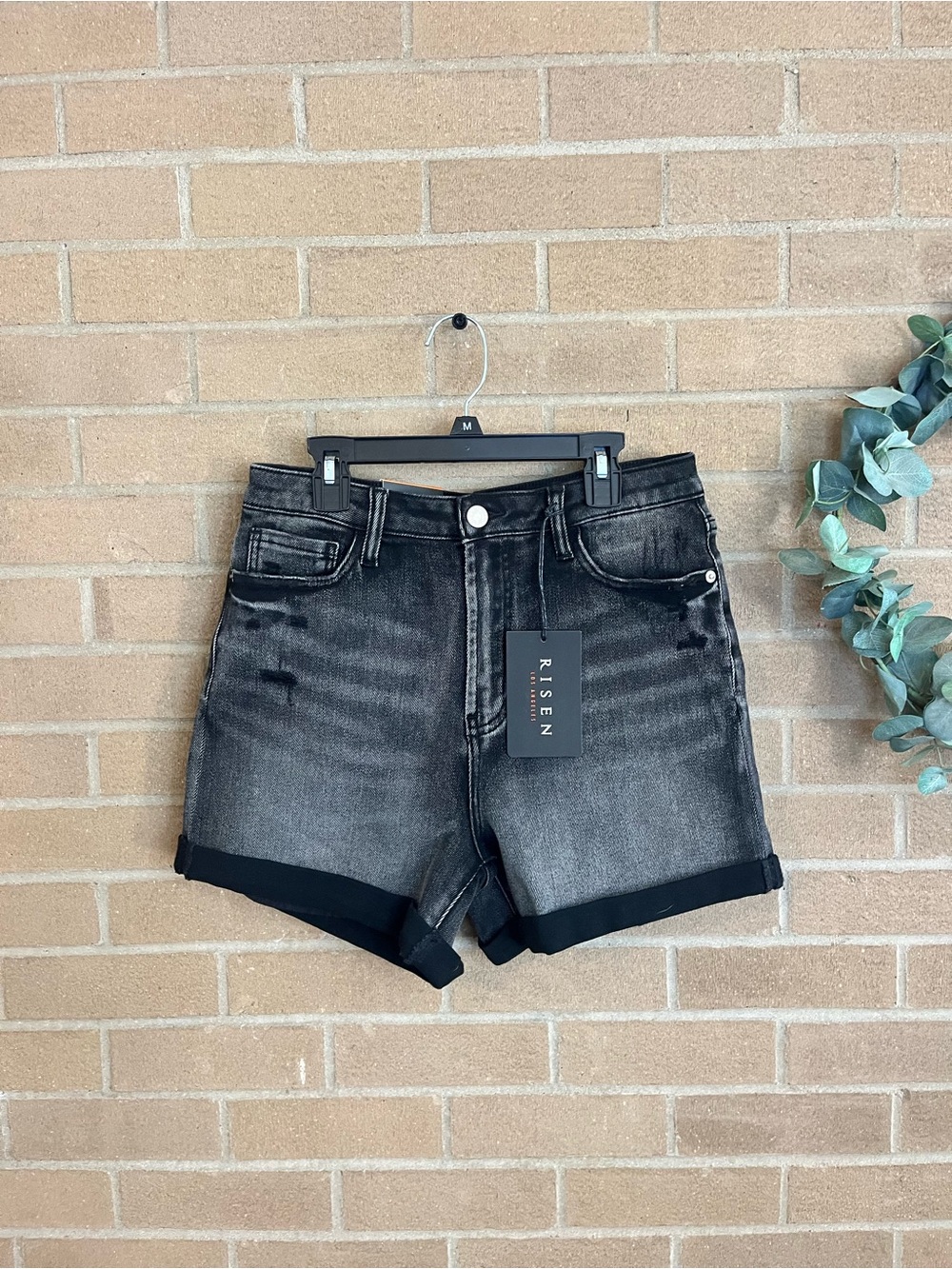 Risen Washed Black Denim Roll-Cuff Jean Shorts